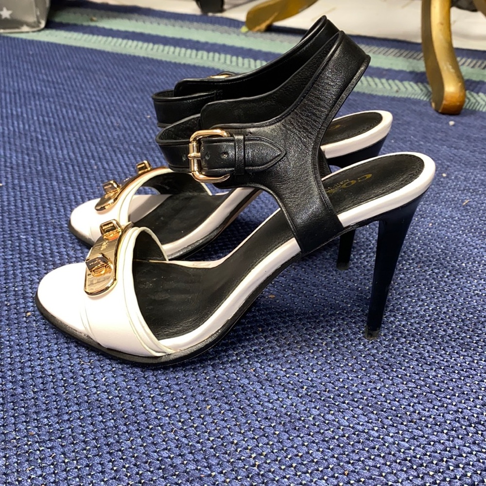 coach black and white strappy heel